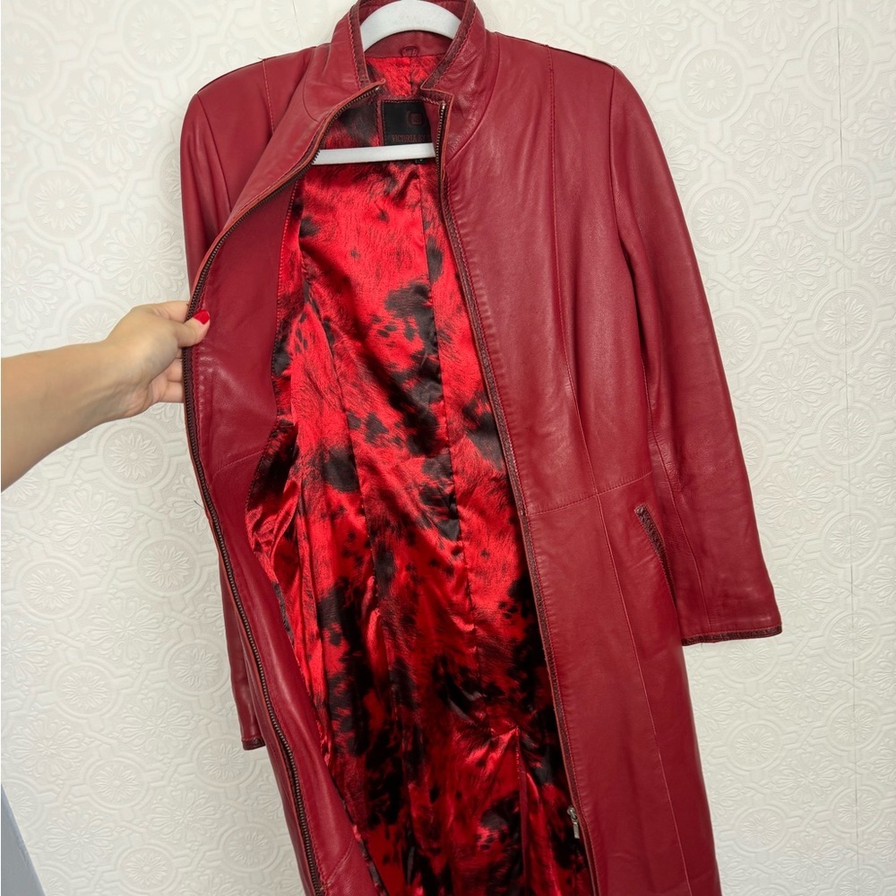 Vintage Retro Red Leather Jacket Longline Trench Old School 90s‎ Y2K Spice Girls - Picture 14 of 14